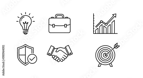 Business and finance icons light bulb briefcase chart shield handshake target
