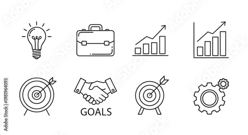 Business and finance icons lightbulb briefcase chart target gear goals