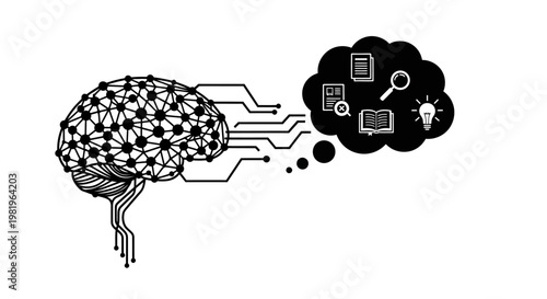 Brain with digital circuit connections thinking.
