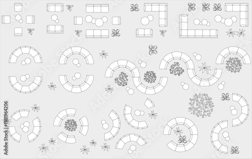 An Antrouge vector illustration of the architecture of sofas and lounges viewed from directly above in offices and hotels.