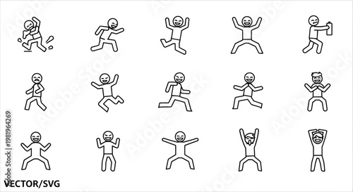 Funny stick figure icons set, expressing joy, surprise, and movement