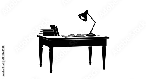 Black desk with office supplies.