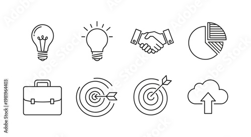 Business and technology icons set ideas partnership growth solutions