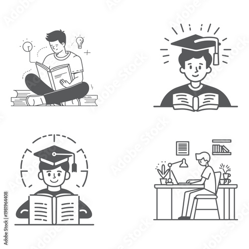 Students reading and studying educational icons black and white education studying knowledge learning university graduation academic intellectual computer lightbulb information research