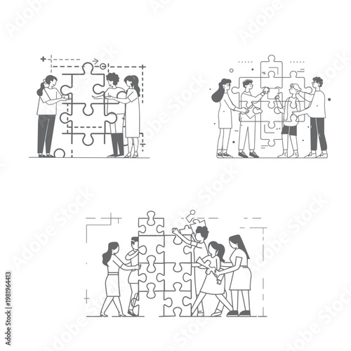 Teamwork and collaboration people assembling puzzle pieces black and white teamwork collaboration together business cooperation strategy solution connection partnership communication