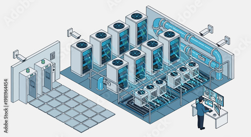 Isometric illustration of industrial facility with worker.