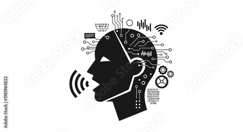 Black silhouette of human head with technology.