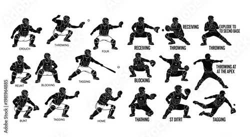 Set of black silhouette baseball catcher poses showing receiving, throwing, blocking, and tagging in action