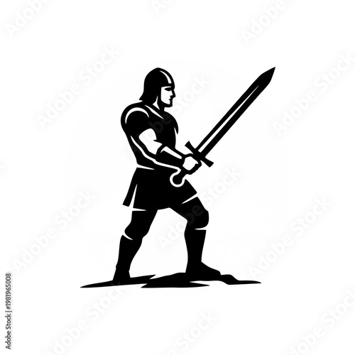 Medieval Knight Warrior With Sword Silhouette Standing In Heroic Pose Black Icon Illustration