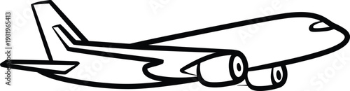 Simple black and white line drawing of a commercial passenger jet plane for travel themes