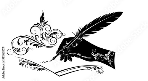 Quill Pen Writing on Parchment Paper.