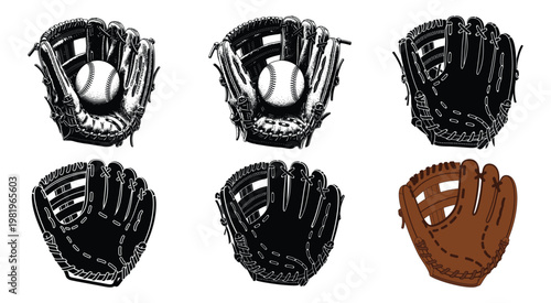 Collection of baseball gloves and mitts with balls in detailed vintage sketch and flat color illustration styles