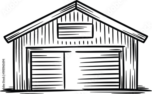 Simple black and white line drawing of a small rural wooden shed for farm storage needs