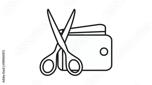 Black line art vector icon illustration of a pair of scissors cutting a wallet, symbolizing budget cuts, financial savings, cost reduction, economic crisis management, and spending control.