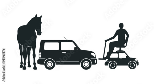 Man riding on small car towing SUV with horse.