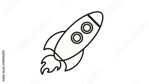 Minimalist black line art vector illustration of a rocket ship launching into space with fire exhaust, ideal for startup business growth concepts, technology icons, and space exploration symbols.