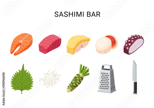 Assortment of raw fish seafood garnish and tools for a sashimi bar display