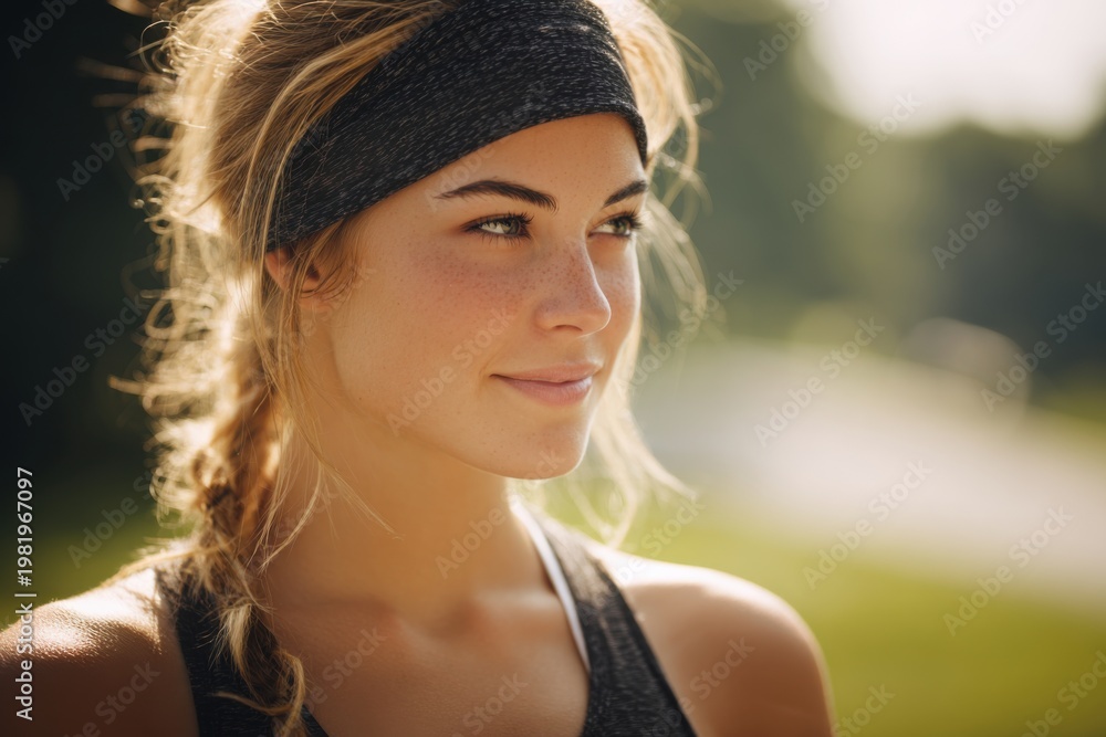 Naklejka premium Woman smiles while exercising in park on warm day with trees surrounding her. She wears a headband and workout gear