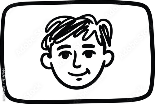 Simple line drawing of a happy young boy face enclosed in a rectangular rounded frame border