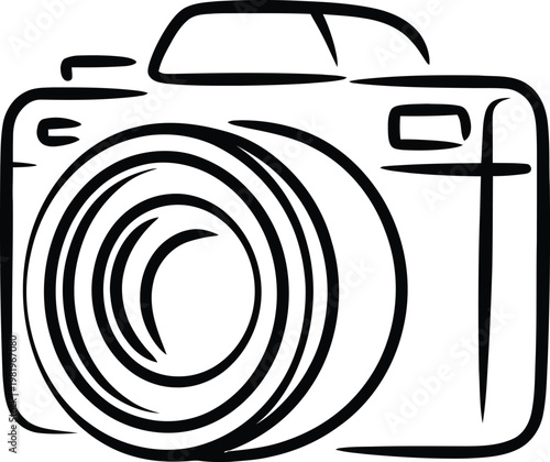 Simple line illustration of a classic digital camera lens and body for photography enthusiast projects