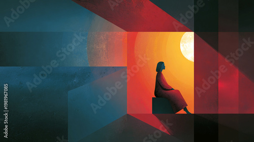 Abstract illustration of a woman in a dark enclosed space, with the sun shining through giving hope, mental health concept