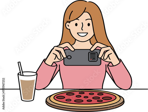 Happy young woman taking photo of pizza with smartphone, food blogger recording dinner for social media vector