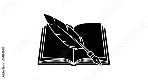 Quill pen on open book.