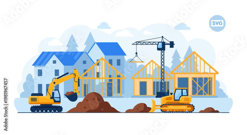 Construction Site with Excavator, Bulldozer, and Houses Under Construction