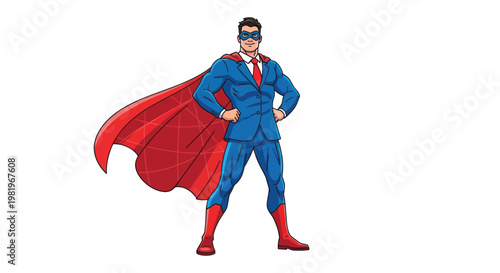 Superhero businessman in blue suit, red cape, and tie, standing confidently.
