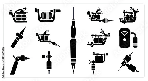 Tattoo Machine Icons Set - Collection of Tattoo Gun Silhouettes