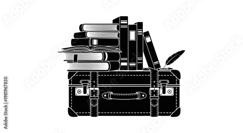 Black suitcase with books and pen.