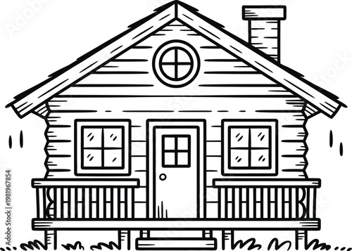 Small rustic wooden cabin featuring a front porch and a traditional stone chimney for countryside living