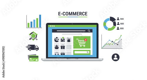E-commerce, online shopping, business icons, vector graphics, digital commerce, retail symbols