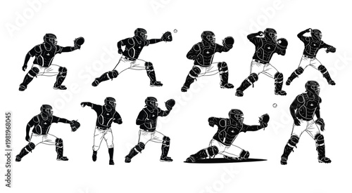 Set of ten black and white baseball catcher silhouettes in various dynamic action poses and gear for sports design
