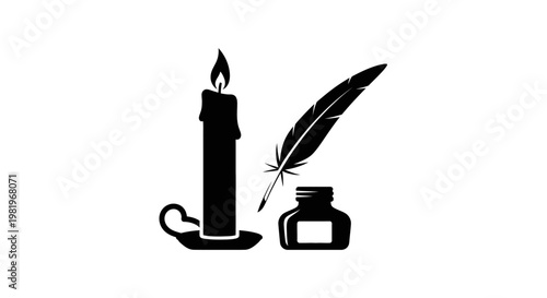 Inkwell with quill and candle.