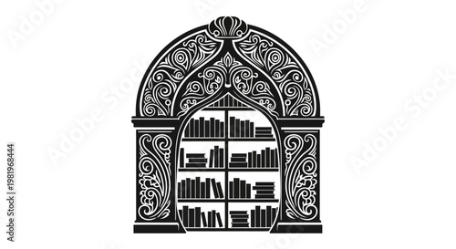 Intricate bookshelf with ornate carvings.