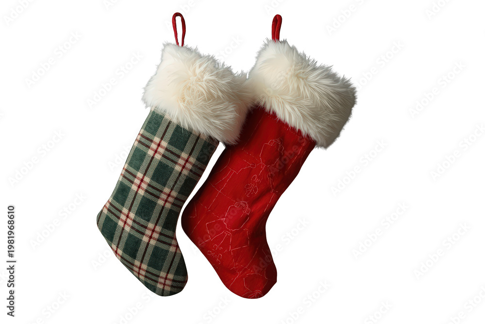 Naklejka premium Christmas stockings hanging, bringing holiday tradition and festive decoration, green plaid and red, transparent background
