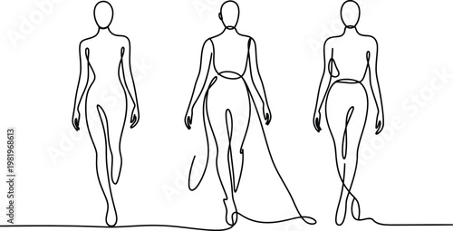 Three elegant female models walking on a runway depicted with continuous flowing black line stroke style