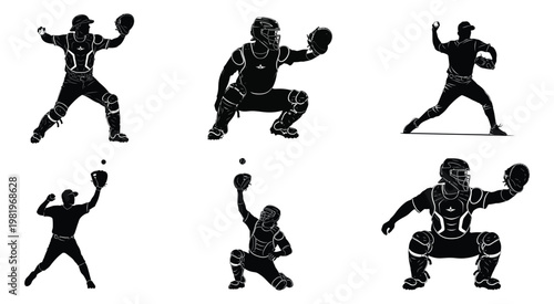 Collection of black silhouette baseball catcher and pitcher poses in professional gear for sports design projects