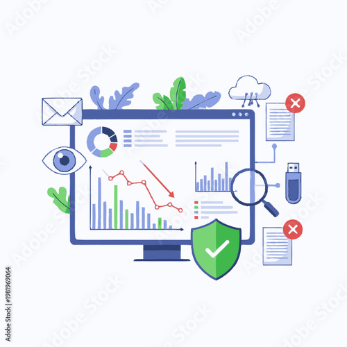 Computer screen displaying financial data analysis and security shield.