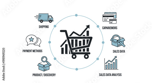 E-commerce, Shopping, Business Icons, Sales Data, Marketing, Vector Graphics