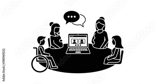 Diverse group discussing on laptop computer.