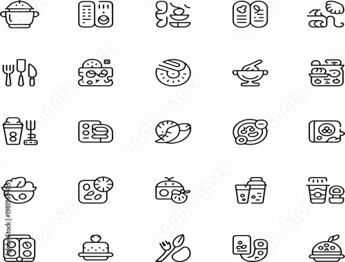Cooking and restaurant icon set, kitchen utensils and food menu symbols for culinary design vector