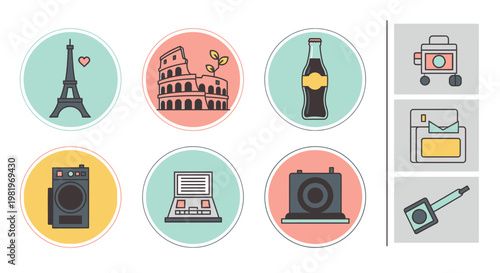 Illustrated icons collection of famous landmarks and everyday objects