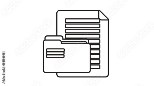 Minimalist black line vector icon illustration of a file folder and document for business data management, office organization, digital storage, and archive documentation symbol on white.