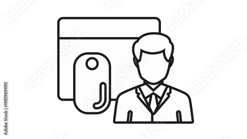 Vector icon illustration of a professional businessman in a suit standing in front of a computer screen and a mouse, representing digital business, online work, and corporate technology.