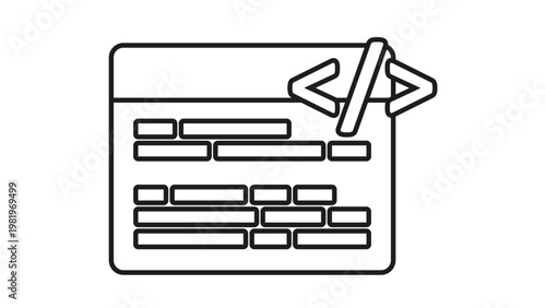 Black line art vector icon of a web browser window with coding symbols and lines of code, representing web development, software engineering, programming, and website design for digital projects.