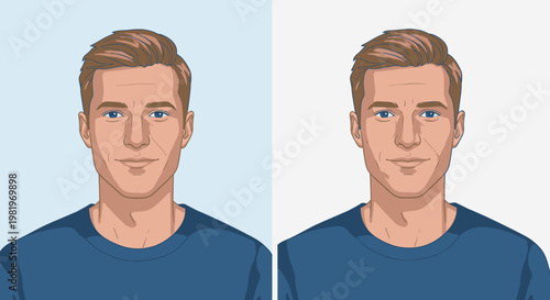 Illustrated portraits of a man with blue eyes and brown hair on two backgrounds