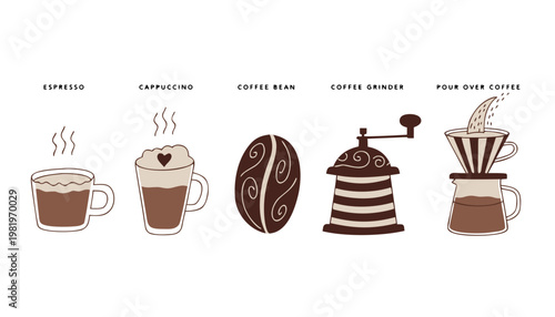 Delicious Coffee Varieties - Espresso, Cappuccino, Bean and Grinder For Coffee Lovers