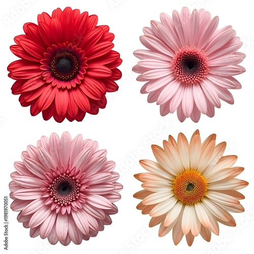 A vibrant collection of colorful gerbera daisies on a white background